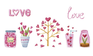 Watercolor flowers, plants, tree, blood vessels, hearts, glass and drink. Love