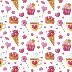 Watercolor seamless background with candy, ice cream, cake, Cup, heart. 