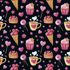Watercolor seamless background with candy, ice cream, cake, Cup, heart. Dark.
