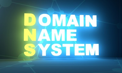 Acronym DNS - Domain Name System. Internet conceptual image. 3D rendering. Neon bulb illumination