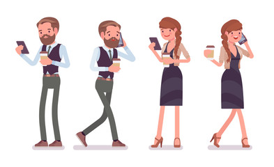 Obraz premium Handsome male and pretty female office employee with phone, coffee