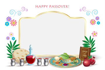 Happy Passover Jewish Holiday greeting card, decorative vintage floral frame, four wine glass, matza - jewish traditional bread for Passover Festival, passover plate, seder pesach vector Israel Design