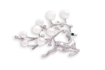 Silver brooch deer with pearls isolated on white