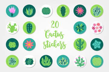 Set of twenty summer stickers with cactuses and succulents
