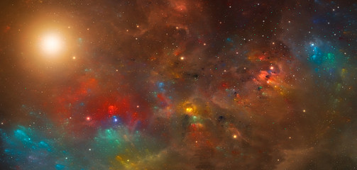 Space scene. Colorful nebula with Sun. Elements furnished by NASA. 3D rendering