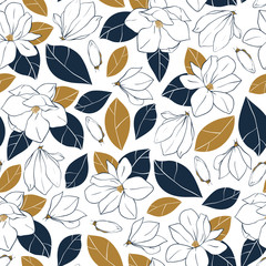 Vector seamless pattern with botanical elements. Magnolia flowers,buds and leaves in deep blue and mustard colors on white background. Design for print,wrapping paper.
