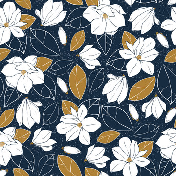 Botanical seamless pattern with magnolia flowers,buds and leaves in deep blue and mustard colors. Vector illustration.