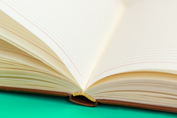 open notebook on green background