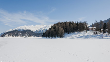 St. Moritz, Engadin, Oberengadin, St. Moritzersee, Eisfläche, Stazerwald, Muottas Moragl, Pontresina, Winter, Wintersport, Alpen, Graubünden, Schweiz