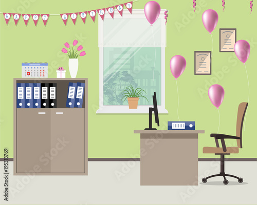 Green Office Decorated For The Employee S Birthday There Is A Desk Green Office Decorated For The Employee S Birthday There Is A Desk Chair Cabinet Documents In Image Also Are Pink Balloons