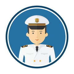 Captain of ship in white suit. Command of military cruiser, a cruise liner. Flat vector cartoon illustration. Objects isolated on a white background.