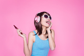 woman use phone listen music