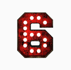 Number 6. Broadway Style Light Bulb Font made of rusty metal frame. 3d Rendering isolated on Black Background