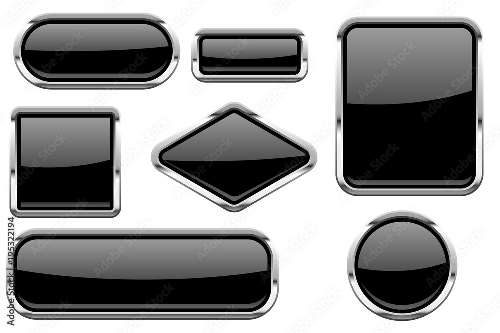 Wall mural black glass buttons with chrome frame. colored set of shiny 3d web icons