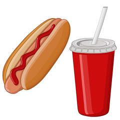 Fast food set - hot dog and drink. Hand drawn colored sketch