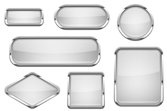 White glass buttons with chrome frame. Set of shiny 3d web icons