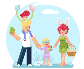 Obraz na płótnie Canvas Easter family eggs collecting finding searching flat design vector illustration