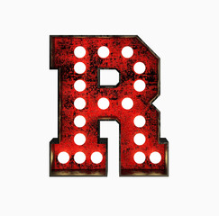 Letter R. Broadway Style Light Bulb Font made of rusty metal frame. 3d Rendering isolated on Black Background