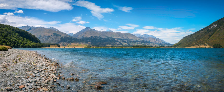 Alpine panoramic landscape at Diamond lake with Mount Alfred in the background  in New Zealand