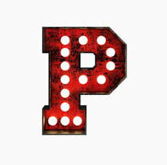 Letter P. Broadway Style Light Bulb Font made of rusty metal frame. 3d Rendering isolated on Black Background