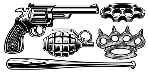 Set of black and white illustrations of different weapons.