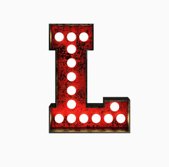 Letter L. Broadway Style Light Bulb Font made of rusty metal frame. 3d Rendering isolated on Black Background