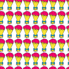 Seamless Pattern bright bouquet of flowers bow-knot contour