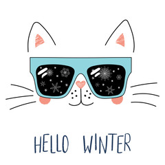 Hand drawn portrait of a cute cartoon funny cat in sunglasses with snowflakes reflection, text Hello Winter. Isolated objects on white background. Vector illustration. Design for change of seasons.