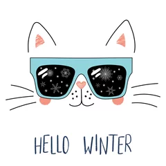 Poster Hand drawn portrait of a cute cartoon funny cat in sunglasses with snowflakes reflection, text Hello Winter. Isolated objects on white background. Vector illustration. Design for change of seasons. © Maria Skrigan