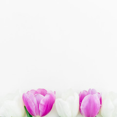 Floral composition with tulips flowers on white background. Spring time flowers. Flat lay, Top view.