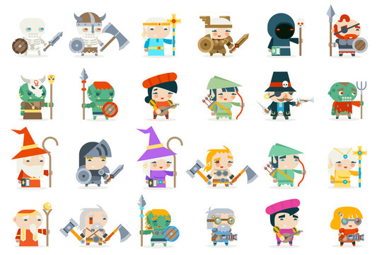 Set fantasy rpg game heroes villains minions character vector icons flat design vector illustration
