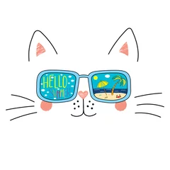 Zelfklevend Fotobehang Hand drawn portrait of a cute cartoon funny cat in sunglasses with beach scene reflection, text Hello Summer. Isolated objects on white background. Vector illustration. Design change of seasons. © Maria Skrigan