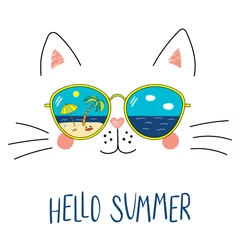 Papier Peint photo Lavable Illustration Portrait dessiné à la main d& 39 un chat drôle de dessin animé mignon dans des lunettes de soleil avec réflexion de scène de plage, texte Hello Summer. Objets isolés sur fond blanc. Illustration vectorielle. Conception changement de saisons.