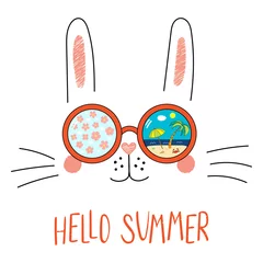 Poster Hand drawn portrait of a funny bunny in sunglasses with cherry blossoms, beach scene reflection, text Hello Summer. Isolated objects on white background. Vector illustration. Design change of seasons. © Maria Skrigan