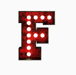 Letter F. Broadway Style Light Bulb Font made of rusty metal frame. 3d Rendering isolated on Black Background