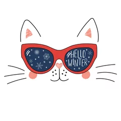 Poster Hand drawn portrait of a cute cartoon funny cat in sunglasses with snowflakes reflection, text Hello Winter. Isolated objects on white background. Vector illustration. Design for change of seasons. © Maria Skrigan