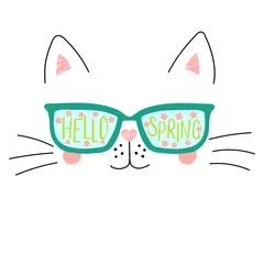 Poster Hand drawn portrait of a cute cartoon funny cat in sunglasses with cherry blossoms reflection, text Hello Spring. Isolated objects on white background. Vector illustration. Design change of seasons. © Maria Skrigan