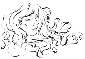 Graphic portrait of a young beautiful girl with fluttering hair. Vector illustration