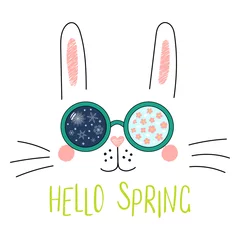 Zelfklevend Fotobehang Hand drawn portrait of a funny bunny in sunglasses with snowflakes, cherry blossoms reflection, text Hello Spring. Isolated objects on white background. Vector illustration. Design change of seasons. © Maria Skrigan