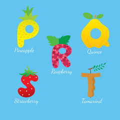 Cartoon cute alphabet P-T fruits, Blue background vector.
