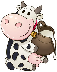 Cartoon chubby cow with jug of milk. Vector clip art illustration with simple gradients.