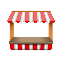 Empty cartoon wood stall, striped awning. White and red strip.