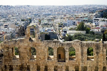 Athens, Greece, detail from the Odeon of Herodes Atticus, with the city of Athens in the background.