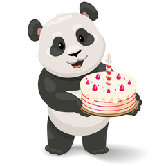 Panda holding birthday cake. Vector clip art illustration with simple gradients.