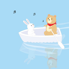 Cartoon cute rabbit and bear are boating in the lake vector.