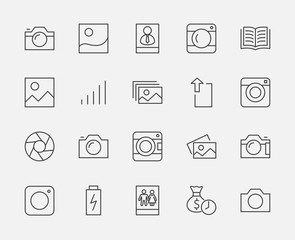 Set of cameras and photo, vector line icons. Contains symbols of portraits and family photos and much more. Editable move. 32x32 pixels.