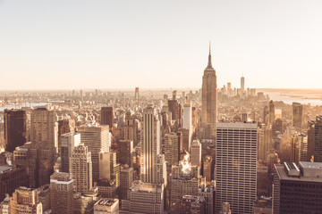 Fototapeta na wymiar Lower Manhattan Downtown skyline panorama from Brooklyn Bridge Park riverbank, New York City, USA