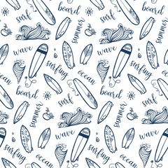Hand drawn surfing boards, waves and lettering vector seamless pattern © art_of_sun