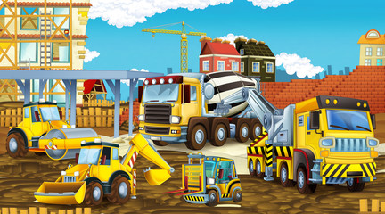 cartoon scene with different construction site vehicles - illustration for children