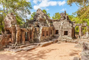Fototapeta na wymiar Banteay Kdei Temple ruins at Angkor Wat complex in Cambodia. Banteay Kdei had been occupied by monks at various intervals over the centuries until the 1960.